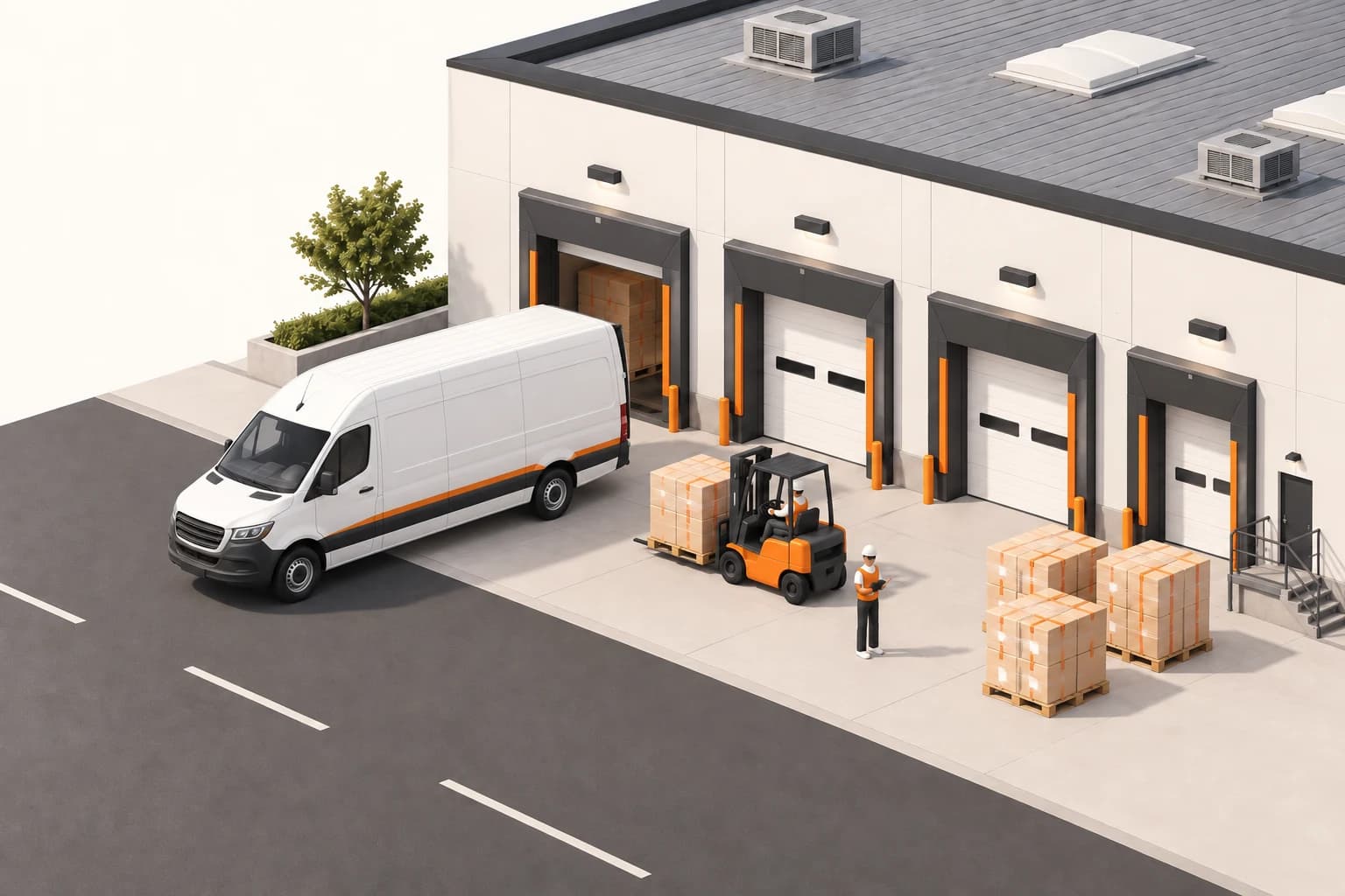 Illustrated Sprinter van beside a loading facility with a forklift and pallets.