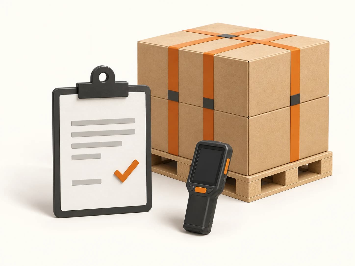Illustrated pallet, handoff record, and handheld scanner.