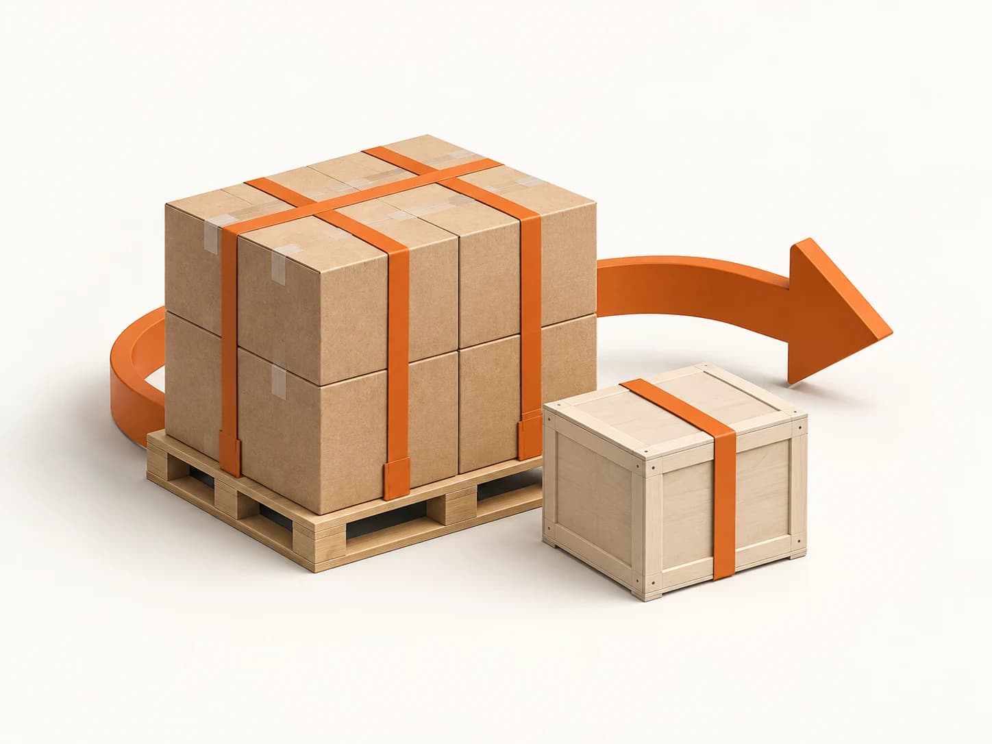 Illustrated palletized freight and shipping crate beside an orange route arrow.