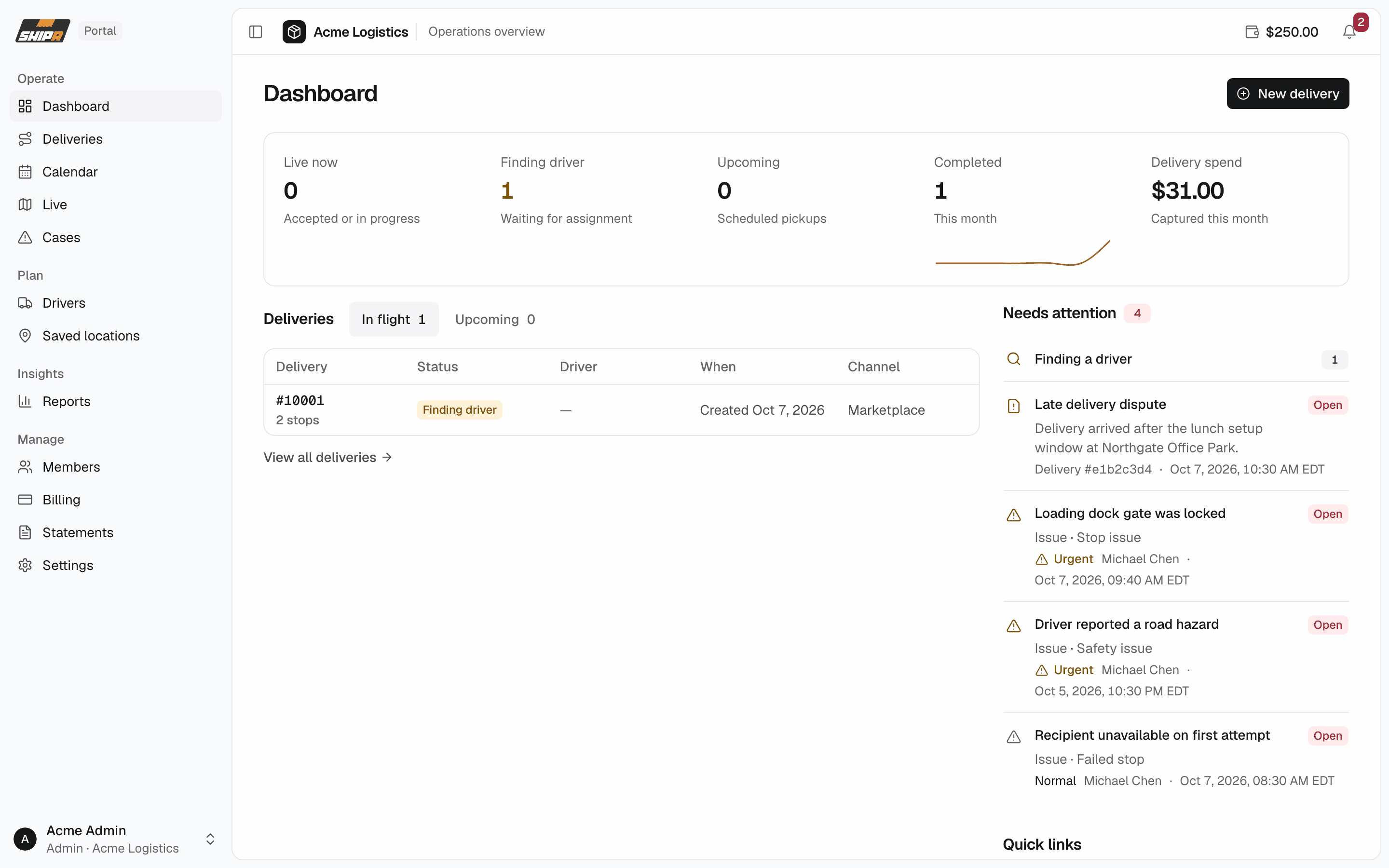 Shipr organization portal dashboard, shown with sample data: live deliveries, delivery coverage, active cases, and upcoming pickups.